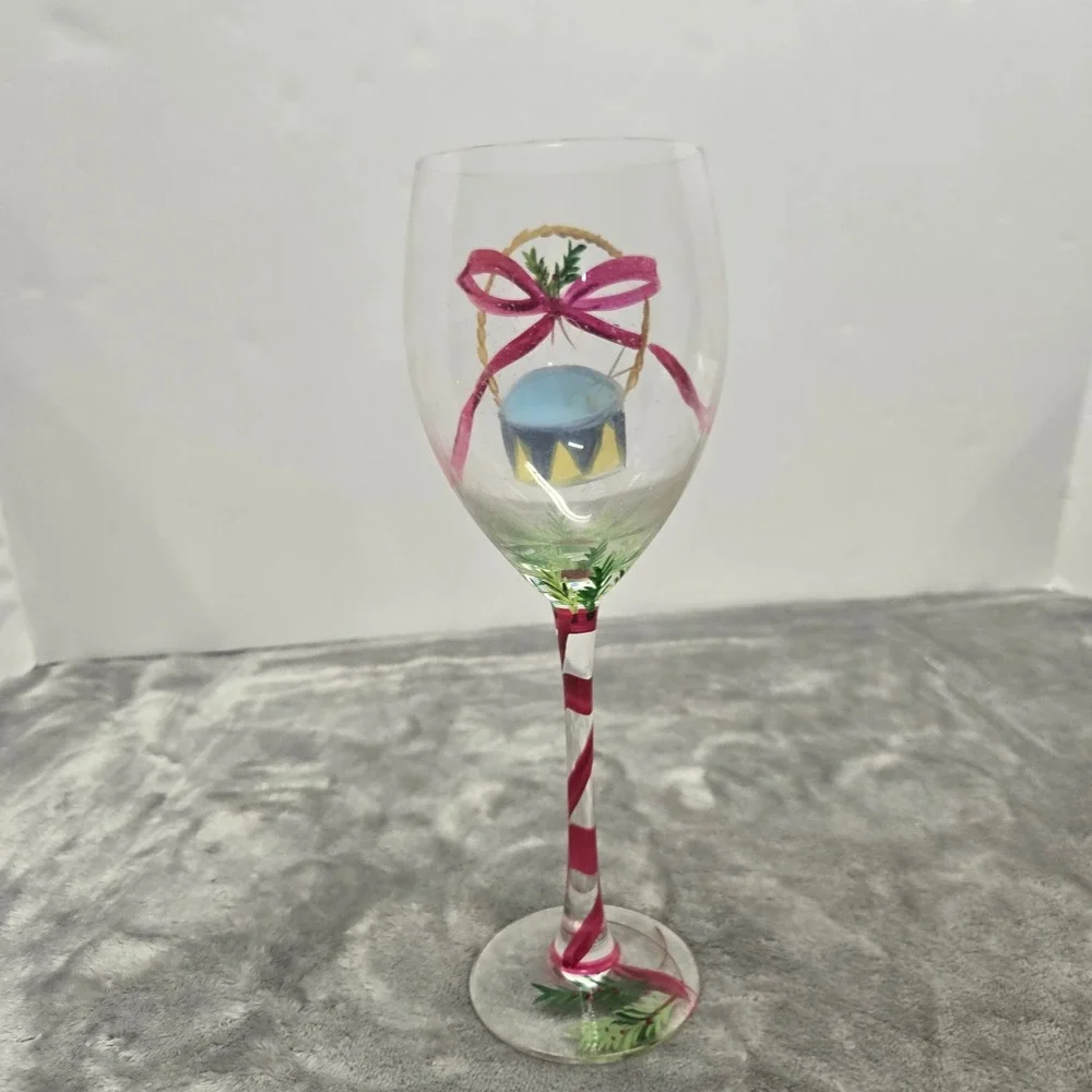 Hand Painted Christmas Wine Glass Holiday Drum Pink Bow Candy Cane Stem 9 inch